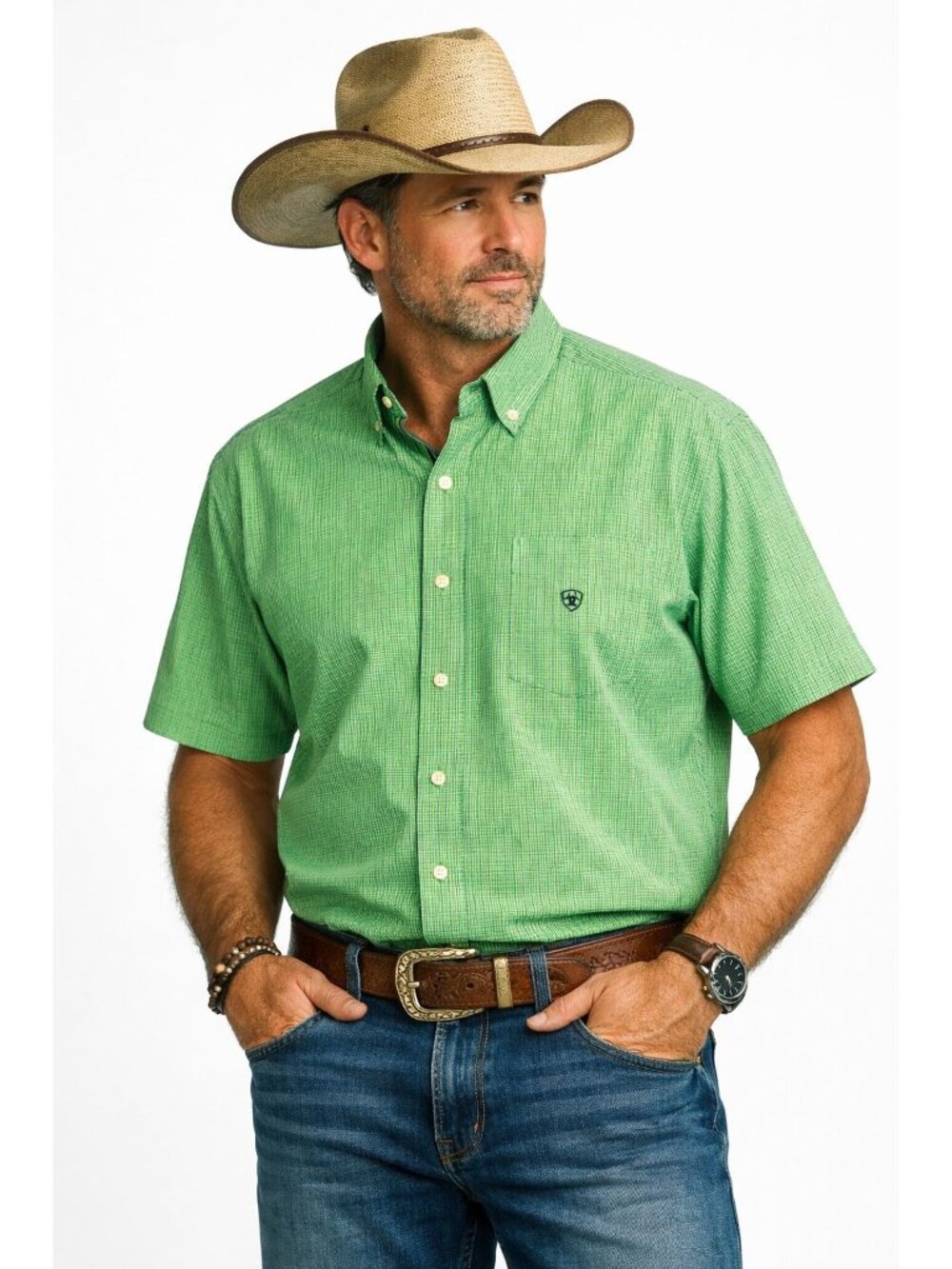 Ariat Pro Series Mens XXLT Green Plaid S/S Western Cowboy Button-Down Shirt